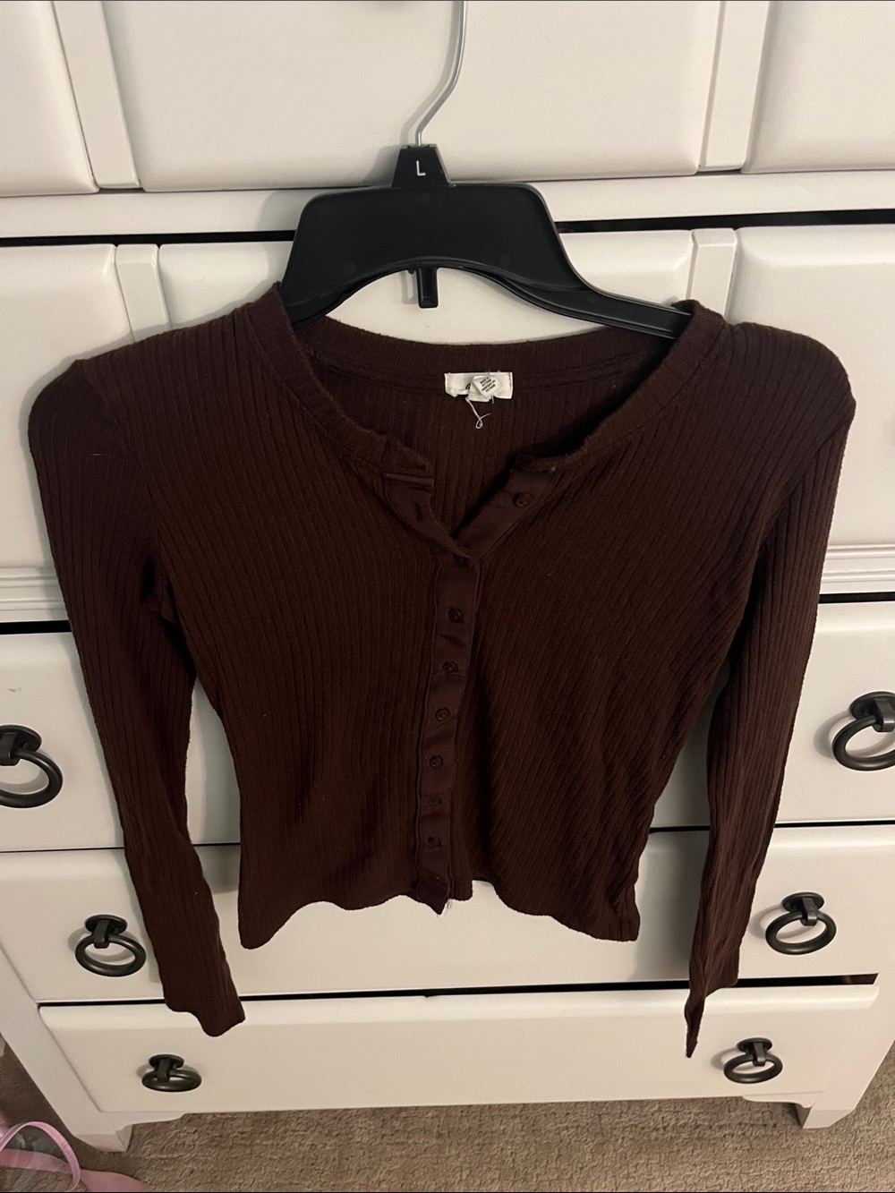 aerie Ribbed Button-Front Long Sleeve Top - Chocolate Brown